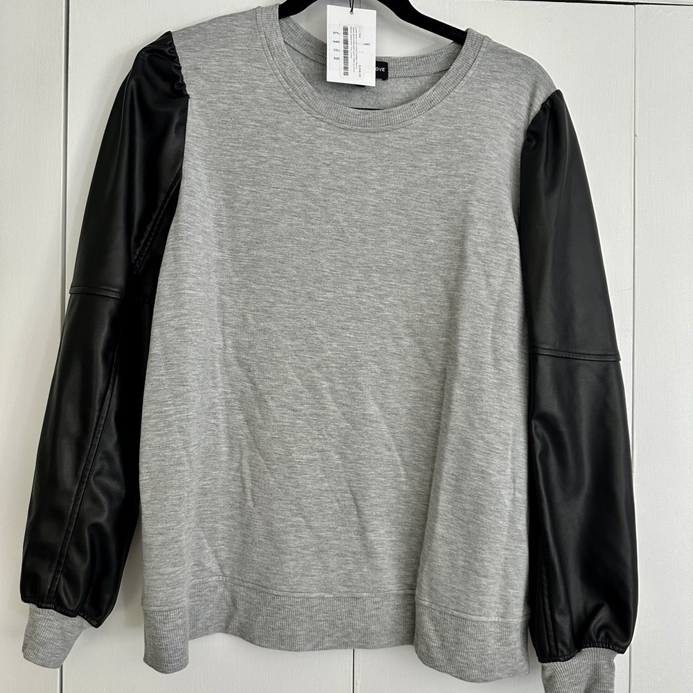 Generation Love Gray and Black Faux Leather Sleeves Sweatshirt